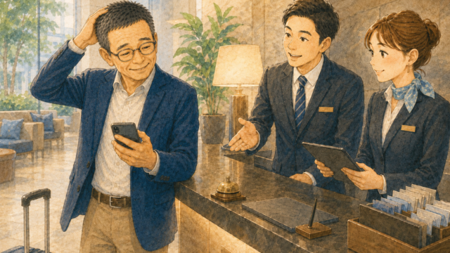 ホテルフロントで苦笑い