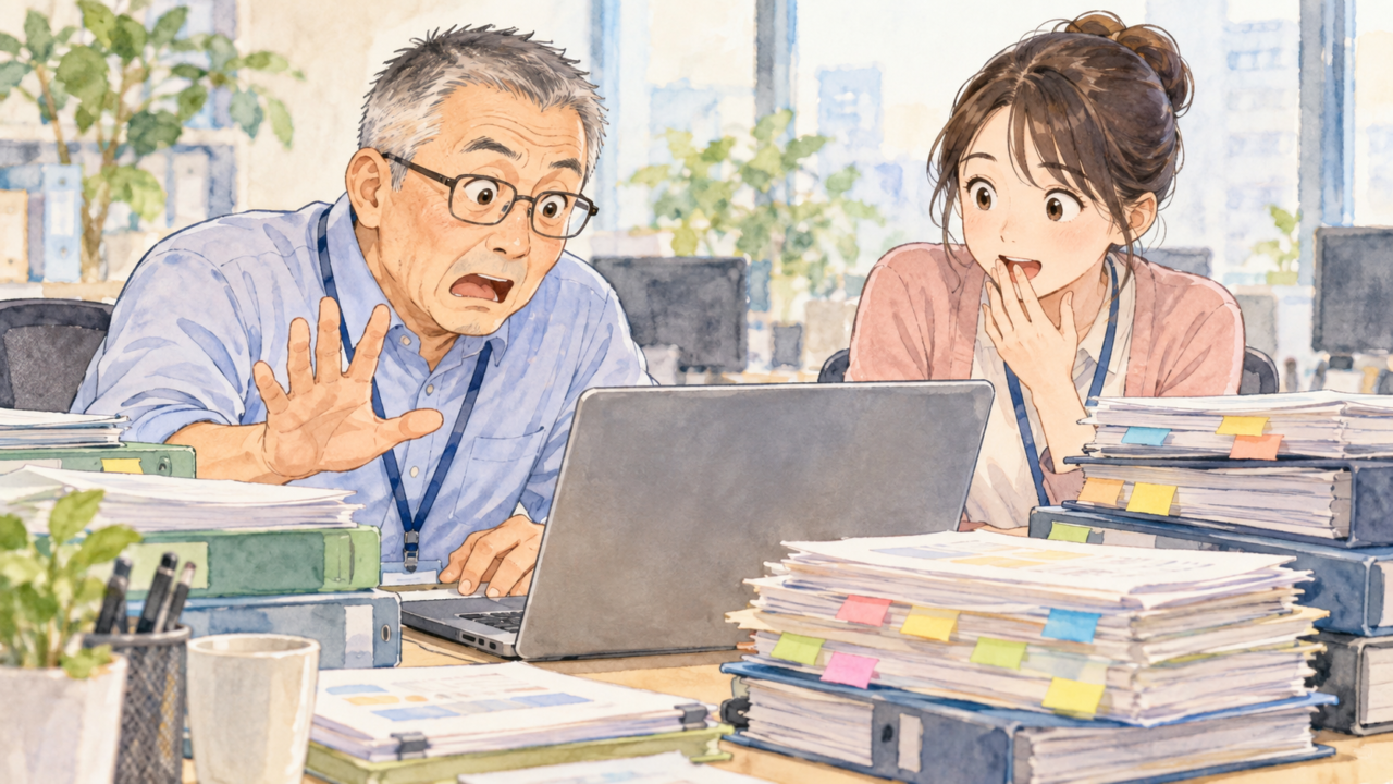 生成AIが指示以上の作業を進めてしまい、パソコンを前に驚いて制止する男性と、その様子を見て驚く女性の水彩イラスト