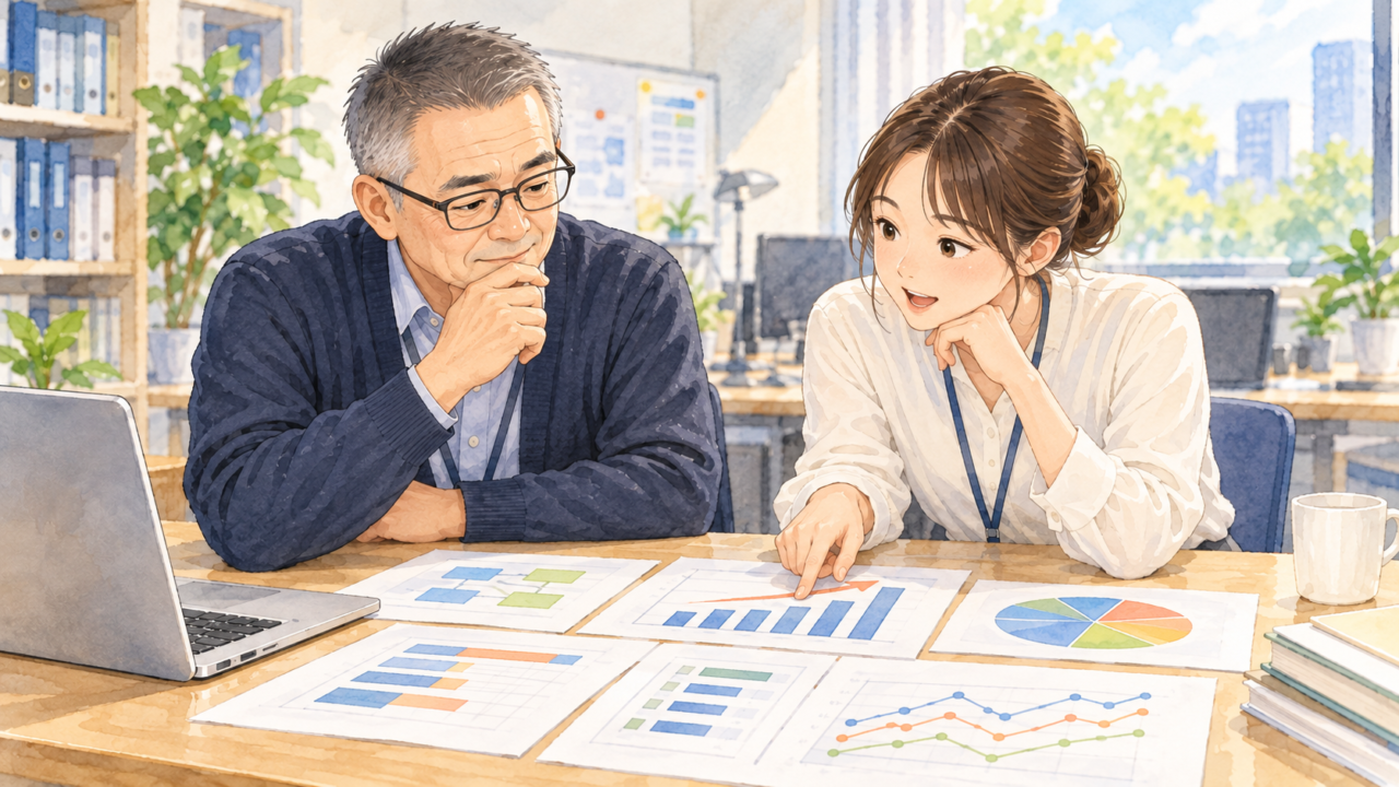 AI社員による業務自動化の成果を評価するため、グラフや資料を見ながら一緒に考える男性上司と若手女性社員の水彩イラスト。