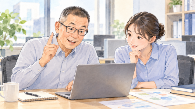 AIとの議論を通じて、人間側も成長する必要があると気づいた男性と、隣で一緒に考える女性同僚の水彩イラスト。