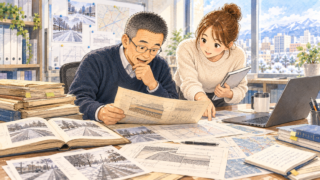 研究室の机で、白髪交じりの眼鏡の男性と若い女性が、雪国の道路に関する古い資料や図面を広げて調べている水彩風イラスト。