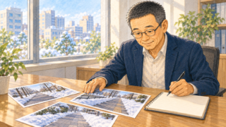 雪が残る歩道の写真に手を添え、開いたノートにペンを構える眼鏡の男性のイラスト。