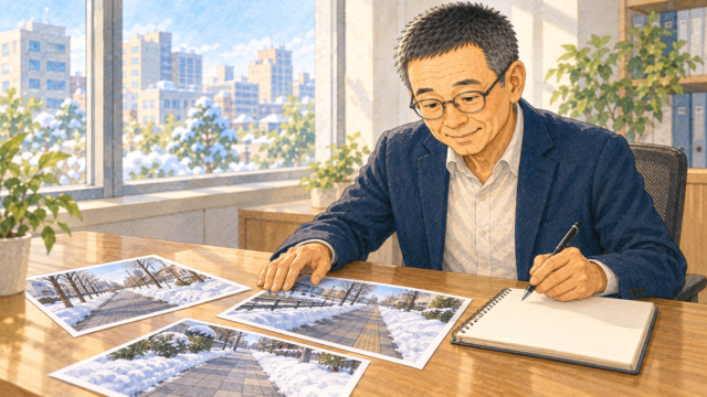 雪が残る歩道の写真に手を添え、開いたノートにペンを構える眼鏡の男性のイラスト。