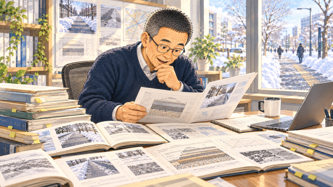 雪国の歩道に関する過去の研究資料や舗装断面図を、驚きと好奇心を持って調べる男性。窓の外には雪が積もった歩道が広がる。