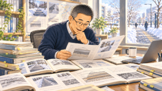 雪国の歩道に関する過去の研究資料や舗装断面図を、驚きと好奇心を持って調べる男性。窓の外には雪が積もった歩道が広がる。
