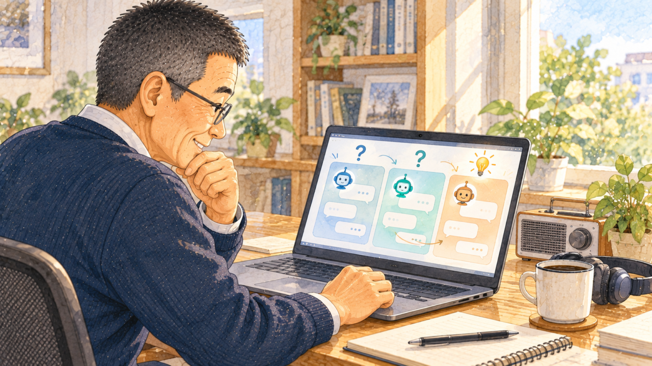 3つの生成AIとの対話画面を見ながら、推測が進んでいく様子を楽しむ眼鏡の男性。机にはラジオが置かれている。