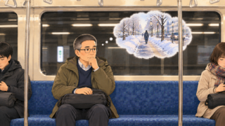 地下鉄の座席で考え込む男性。頭の中には雪が残る札幌の歩道の風景が浮かんでいる。