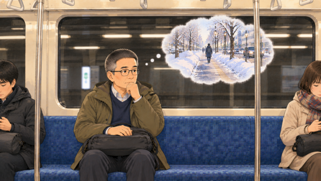 地下鉄の座席で考え込む男性。頭の中には雪が残る札幌の歩道の風景が浮かんでいる。